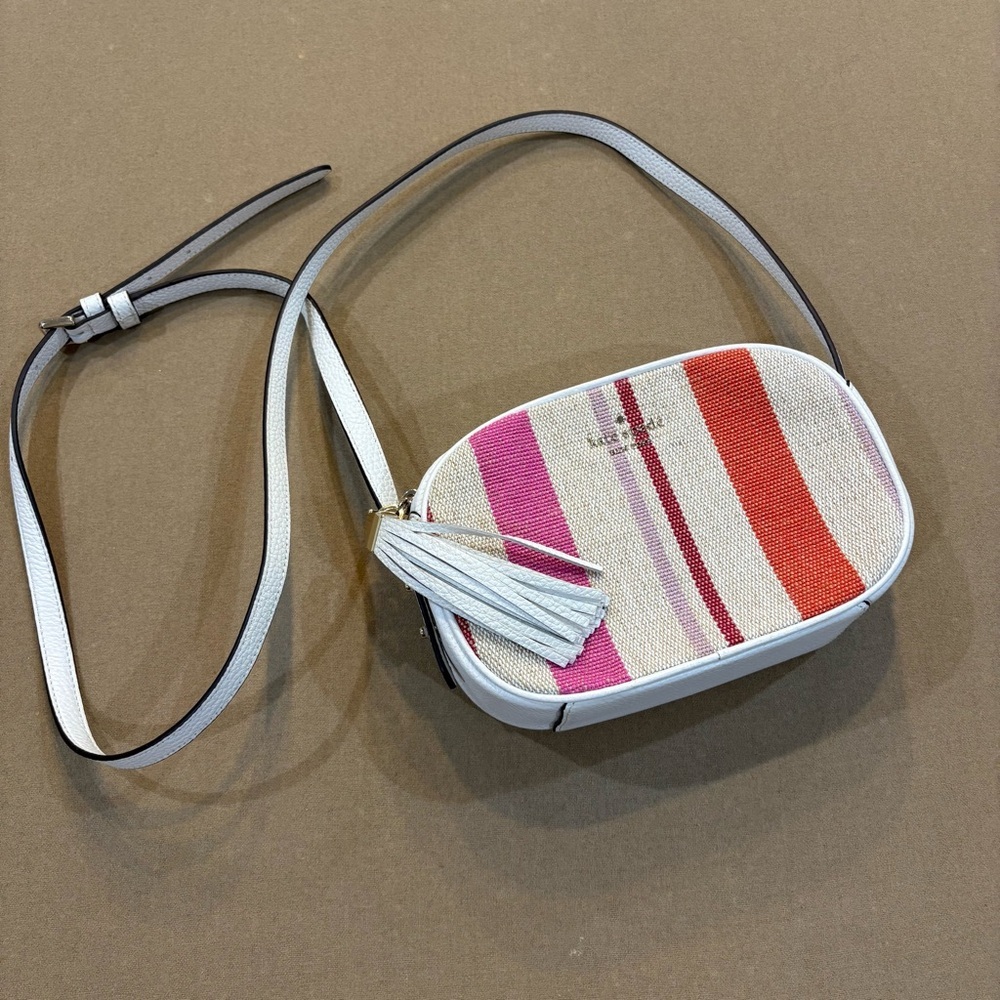 Kate Spade Kourtney Stripe Camera Bag Crossbody Canvas/Pebbled Leather Trim